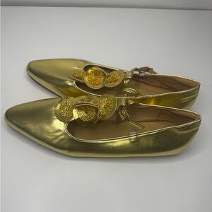 Vintage Pointy Toe Metal Gold Decorative Buckles T Strap Mary Jane Shoes Sz 40/9
